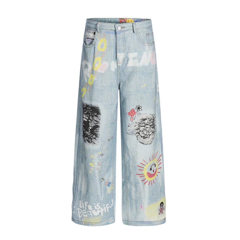 RICHSAINT Graffiti Wide-Leg Jeans – Ice Blue